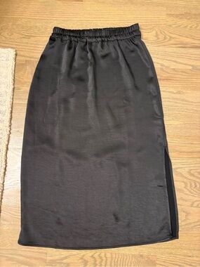 NWT Women's Black Satin Midi Skirt with Side Slit